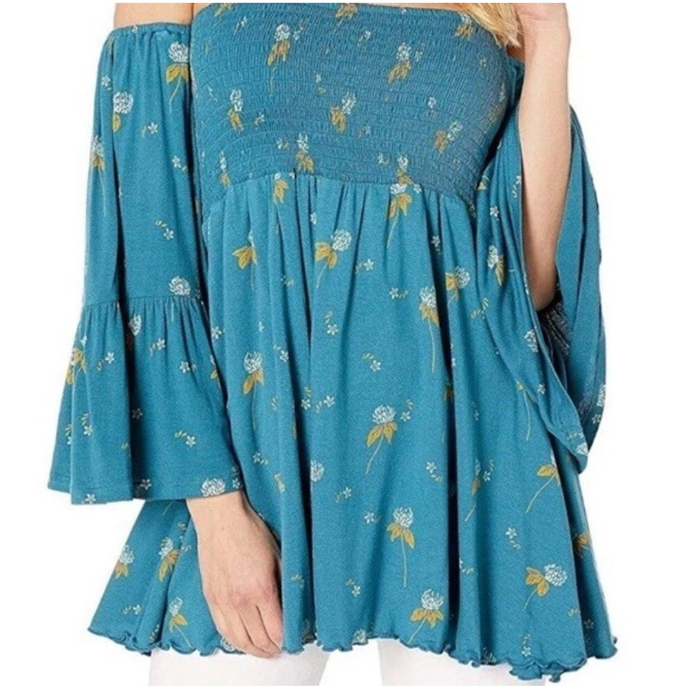 Free People Lana Tunic Top Blouse Size:S Off Shoulder Blue Floral Smocked Teal - Picture 2 of 12